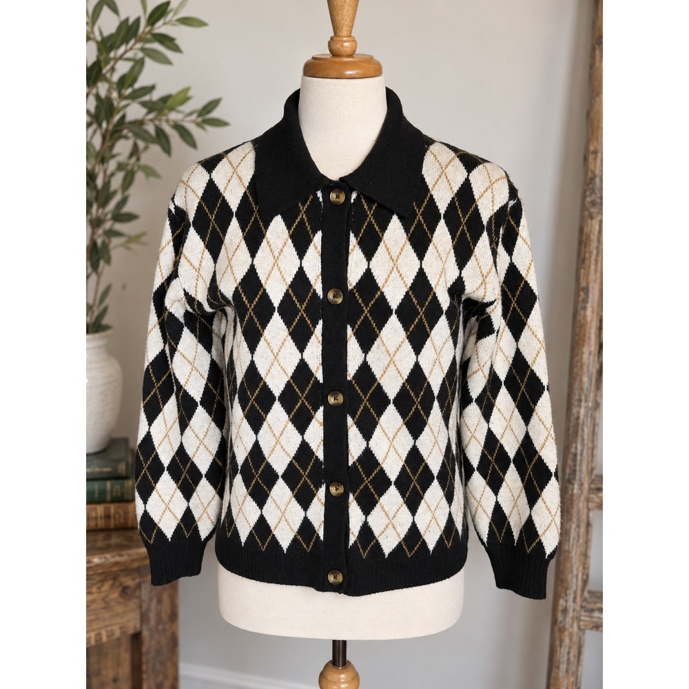 Black Ivory Argyle Collared Button Cardigan Preppy Academia Grandpacore Size M